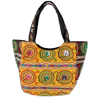 Colorful Orange Embroidered Cotton Shoulder Bag from India
