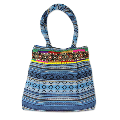 Hand Loomed Sky Blue Cotton Handbag with Sequins