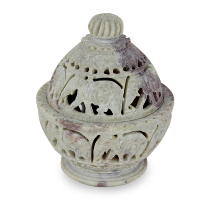 Indian Elephant Theme Hand Carved Soapstone Decorative Jar