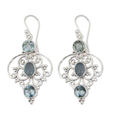 Artisan Crafted Blue Topaz Dangle Earrings with Chalcedony