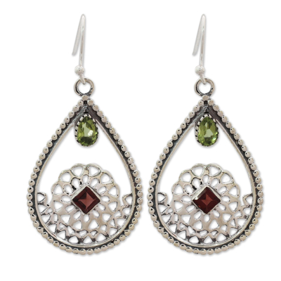 Traditional Indian Silver Earrings with Peridot and Garnet