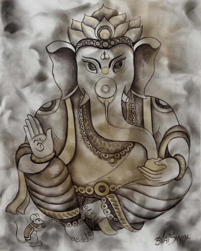 Hinduism Deity Signed Ganesha Painting from India