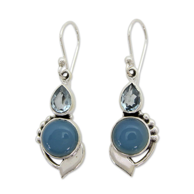 Sterling Silver Hook Earrings with Blue Topaz and Chalcedony