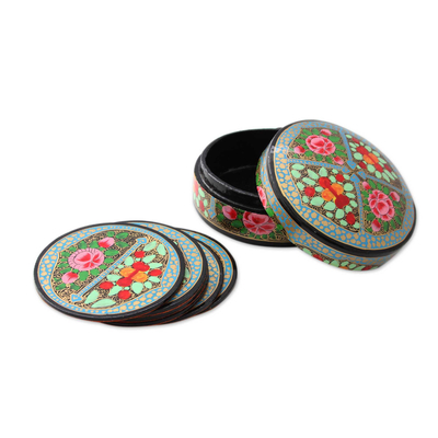 Artisan Crafted Papier Mache Coasters with Holder (Set of 6)