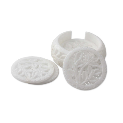 6 Carved White Indian Marble Coasters and Holder