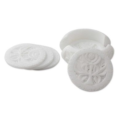 Six White Indian Marble Carved Coasters with Holder