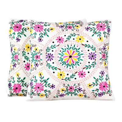 Bright Flower Embroidery White Cotton Cushion Covers (Pair)