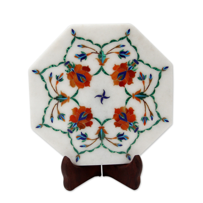 Floral Inlay on Marble Decorative Plate with Stand