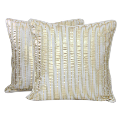 Gold on Off White Cotton Cushion Covers with Beadwork (Pair)