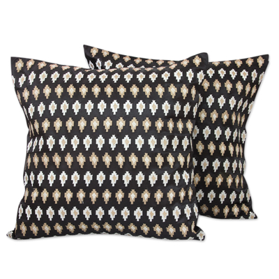 Embroidered Beige Stars on Black Satin Cushion Covers (Pair)