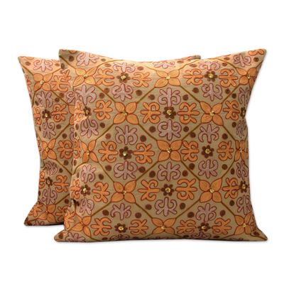 Chainstitch Cotton Cushion Covers in Autumn Colors (Pair)