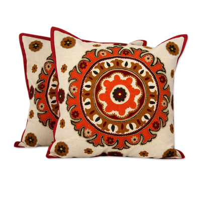 Ecru Cotton Cushion Covers with Orange Embroidery (Pair)