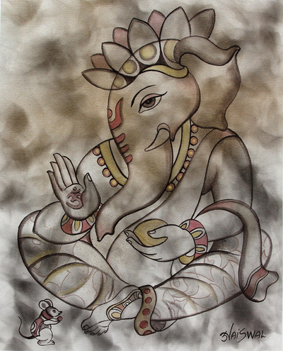Original Portrait of Chintamani Ganesha in Neutral Colors