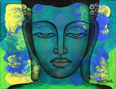 Expressionistic Signed Portrait of Buddha in Blue