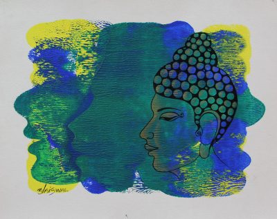 Blue and Yellow Original Signed Portrait of Buddha
