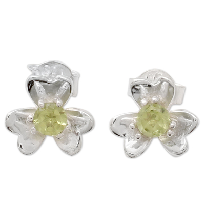 Floral Peridot and Silver Button Earrings from India