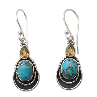 Silver Hook Earrings with Citrine and Composite Turquoise