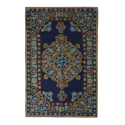 Chain Stitched Indian Rug in Blue, Burgundy and Gold (3x5)