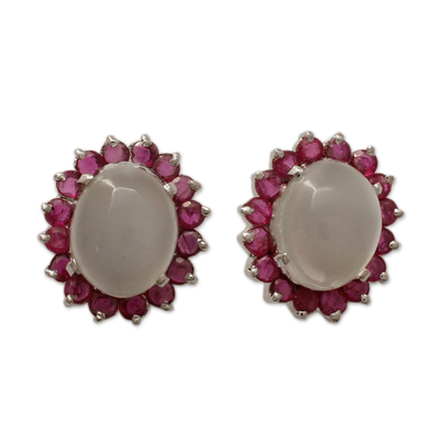 Genuine Ruby and Moonstone Button Earrings in 925 Silver