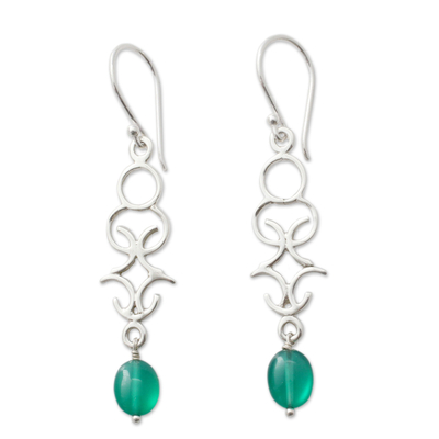Polished Silver Dangle Earrings with Green Onyx Beads