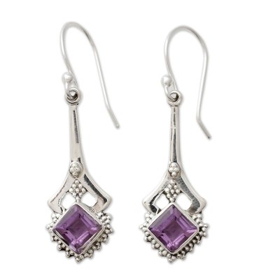 Indian Artisan Amethyst Dangle Earrings in Sterling Silver