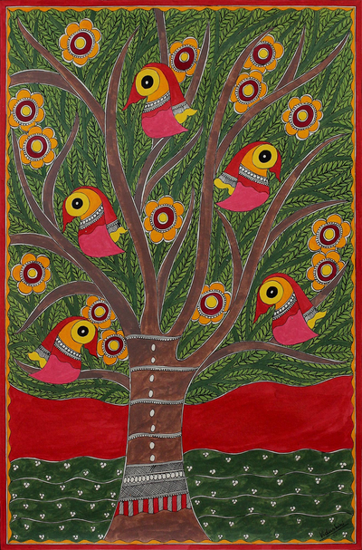 Signed India Madhubani Folk Art Painting in Green and Red