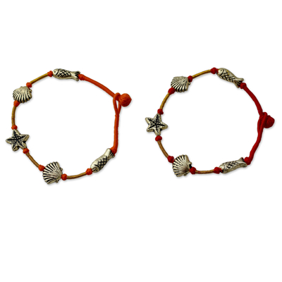 Gold Red and Orange Charm Wristband Bracelets (Pair)