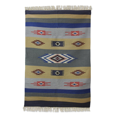 Hand Woven Wool Dhurrie Rug in Blue Grey and Brown (4x6)