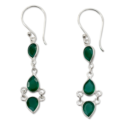 Sterling Silver Handcrafted Earrings with Faceted Green Onyx