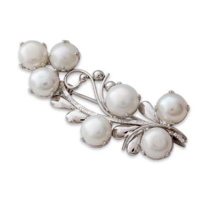 White Cultured Pearl and Sterling Silver Brooch Pin