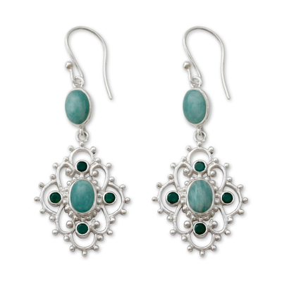 Silver Dangle Earrings with Amazonite and Green Onyx
