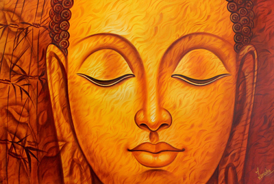 Painting of Buddha in Orange Palette by Indian Artist