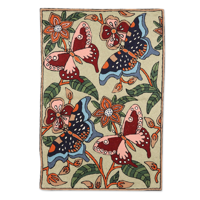 Multicolor Wool Chain Stitch Rug with Butterfly Theme (2x3)