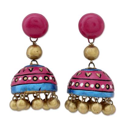 Handcrafted Ceramic Dangle Earrings in Pink and Gold