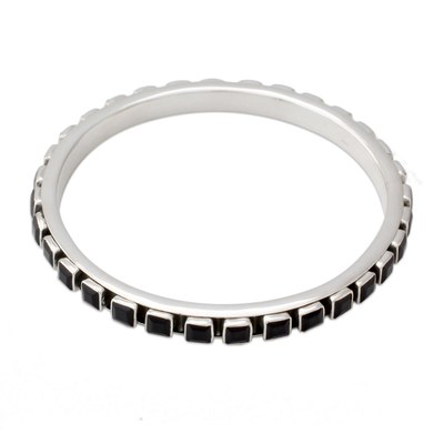 Contemporary Silver Bangle Bracelet Set with Onyx