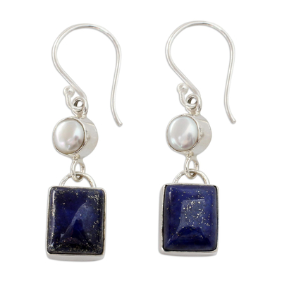 Silver Dangle Earrings with White Pearls and Lapis Lazuli