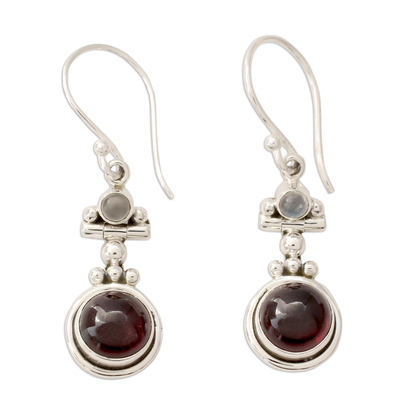 Garnet and Rainbow Moonstone Earrings Set in 925 Silver