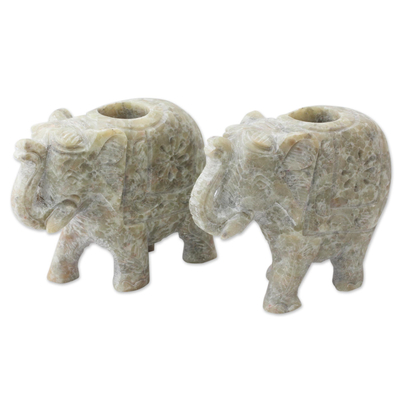 Soapstone Elephant Candle Holders for Taper Candles (Pair)