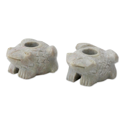 Natural Soapstone Frog Candle Holders Made in India (Pair)
