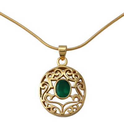 Gold Vermeil Pendant Necklace with Green Enhanced Onyx