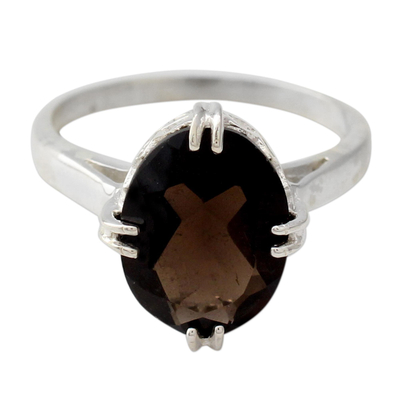 Sterling Silver and 4.5 Carat Smoky Quartz Solitaire Ring