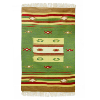 Green and Multicolor Wool Area Rug Woven on Handloom (4x6)