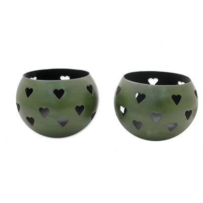 Hearth Themed Tealight Holders in Moss Green (Pair)