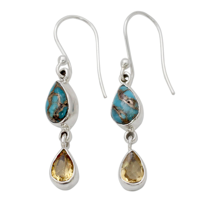 Citrine and Composite Blue Turquoise Dangle Earrings