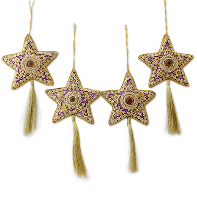 Handcrafted Beaded Purple Christmas Star Ornaments Set of 4