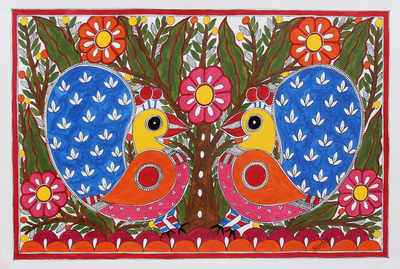 Colorful Madhubani Painting of Peacocks from India