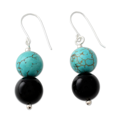 Onyx Earrings with Reconstituted Turquoise Crafted in India