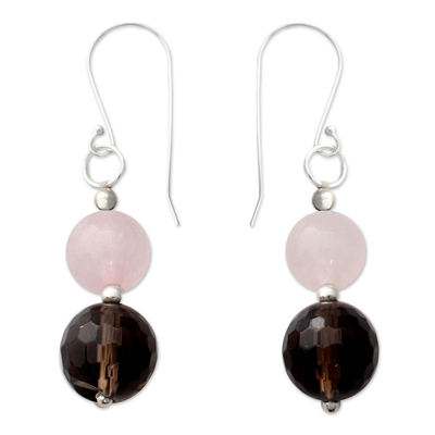 Rose Quartz and Smoky Quartz Dangle Earrings from India