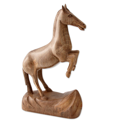 Artisan Crafted Walnut Wood Sculpture of Rearing Horse