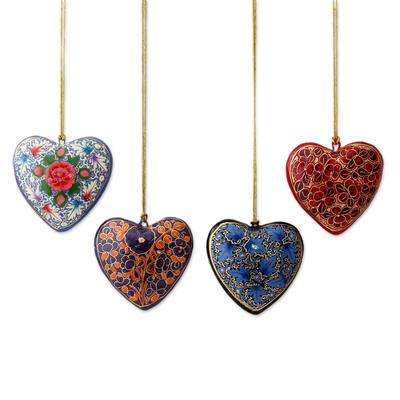 4 Artisan Crafted Papier Mache Ornaments Flower Hearts Set